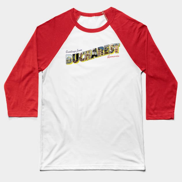 Greetings from Bucharest in Romania Vintage style retro souvenir Baseball T-Shirt by DesignerPropo